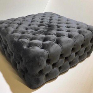 Bella Chesterfield Footstool Pouffe Coffee table in grey velvet, Side Angle