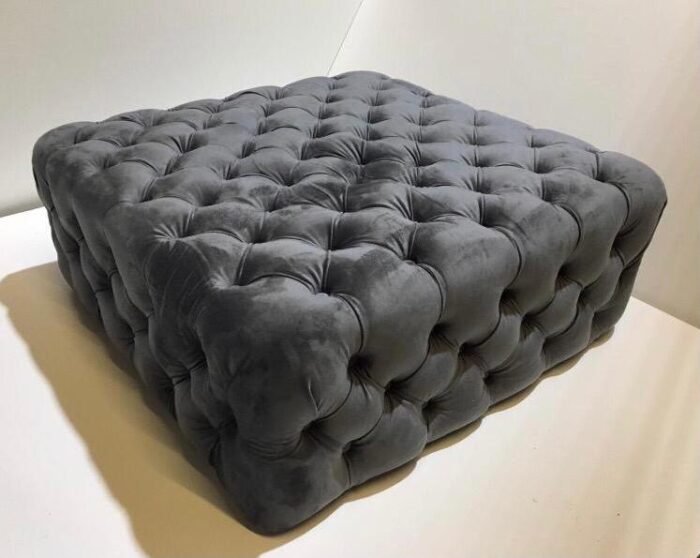 Bella Chesterfield Footstool Pouffe Coffee table in grey velvet, Side Angle