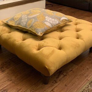 Zara Chesterfield Footstool Pouffe Coffee table with black turned Legs, Side Angle