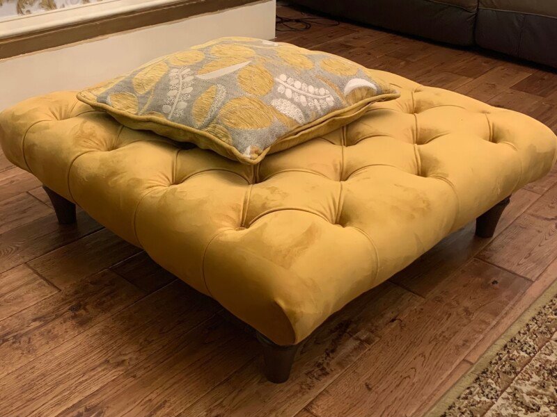 Zara Chesterfield Footstool Pouffe Coffee table with black turned Legs, Side Angle