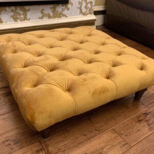 Zara Chesterfield Footstool Pouffe Coffee table with black turned Legs, Front Angle