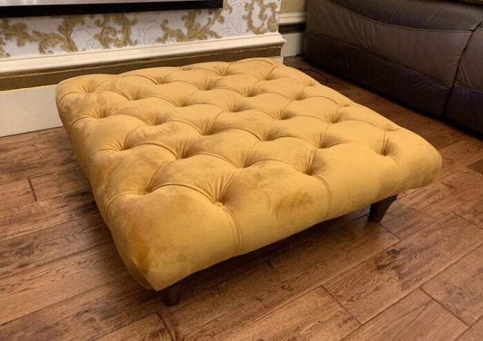 Zara Chesterfield Footstool Pouffe Coffee table with black turned Legs, Front Angle