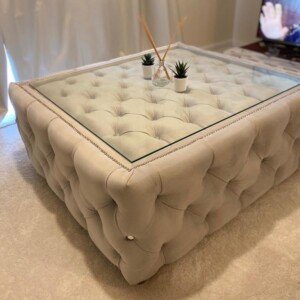 Bella Glass top Chesterfield Footstool Pouffe Coffee Table | Swaye