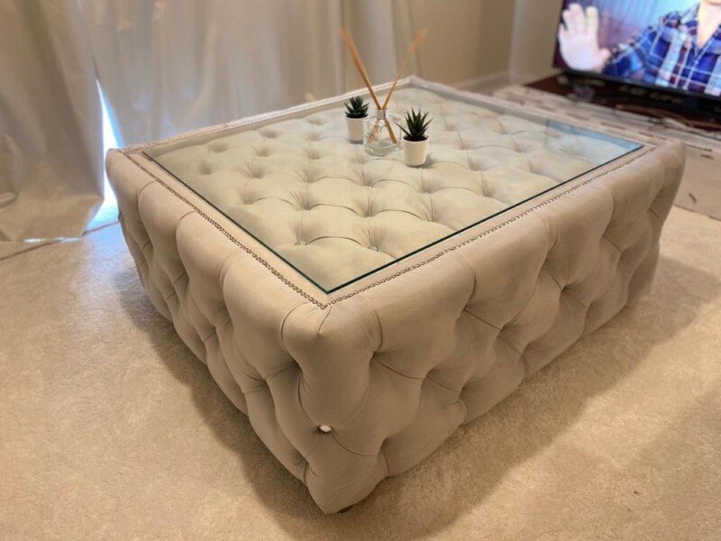 Bella Glass top Chesterfield Footstool Pouffe Coffee Table | Swaye