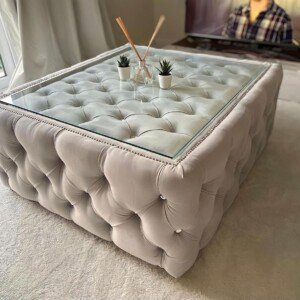 Bella Glass top Chesterfield Footstool Pouffe Coffee Table | Swaye